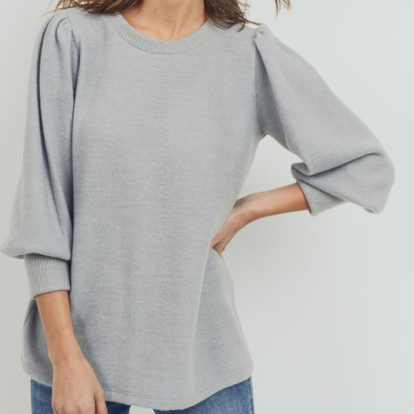 Sweaters - Wool Brush Puff Shoulder Knit Sweater,Heather Gray